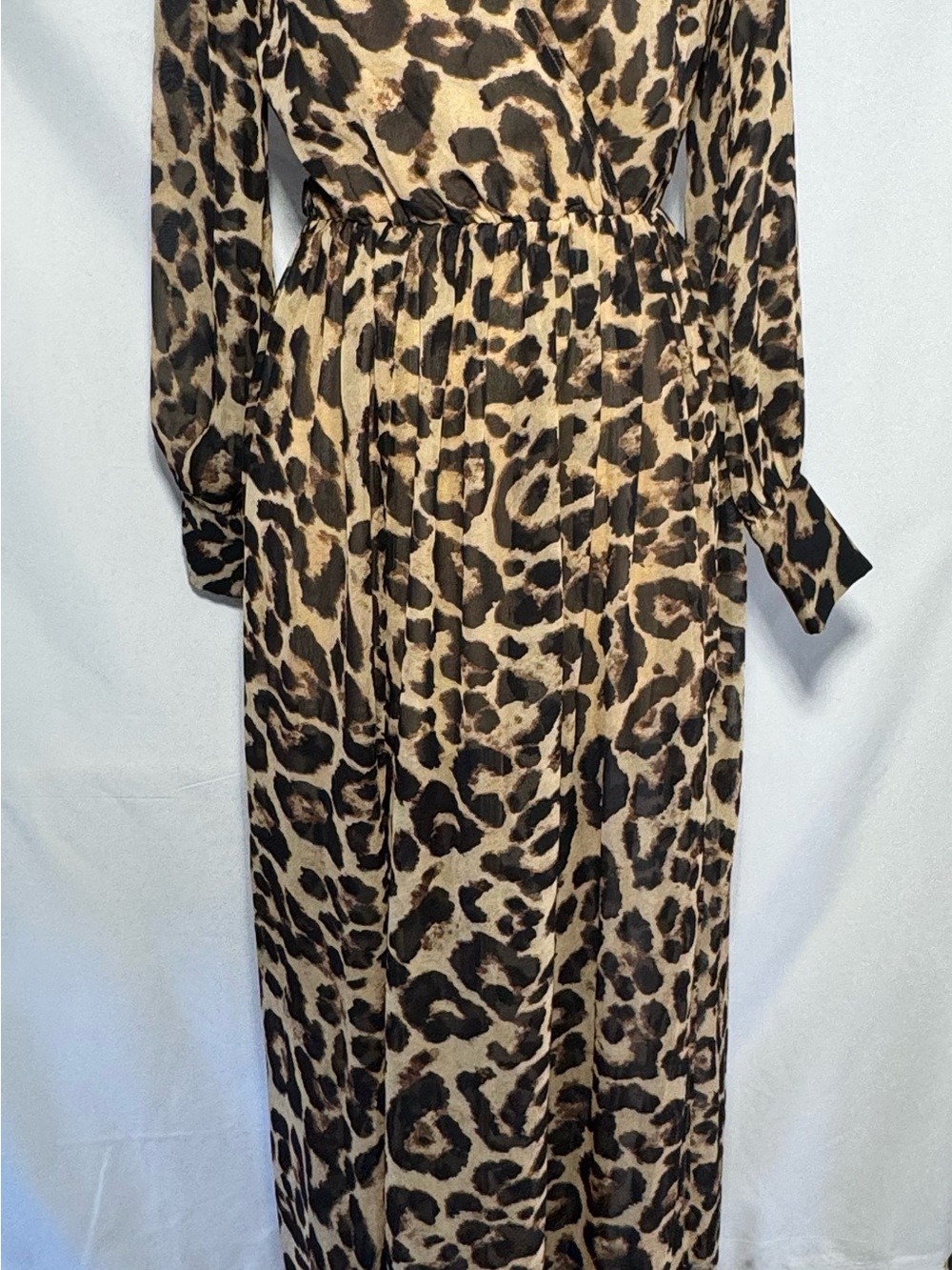 Long Sleeve Leopard Print Maxi Dress - Beige/Black